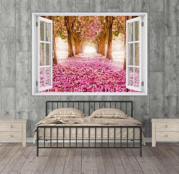 Autocolant de perete, fereastră 3D cu vedere la alee cu flori roz W101 фото