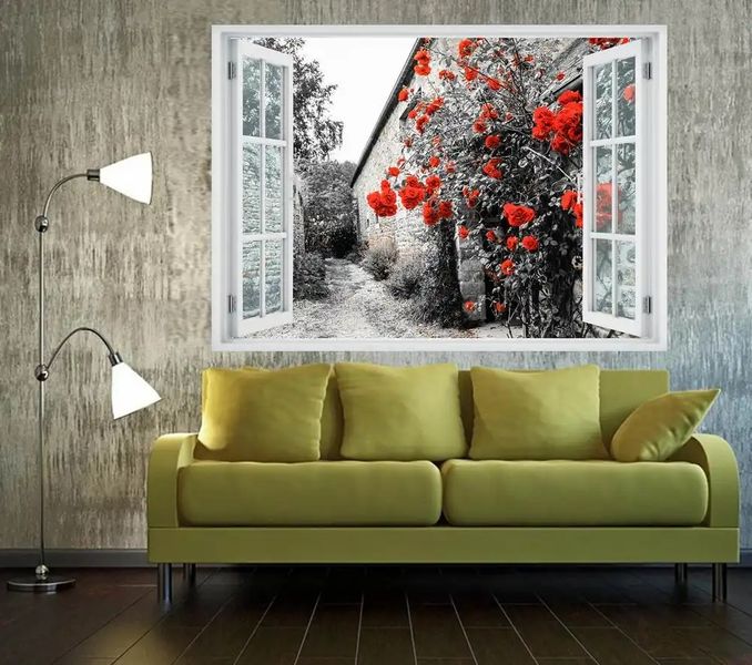 Наклейка на стену, 3d-окно с видом на черно-белый город с красными розами W51 фото