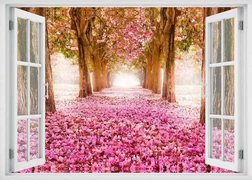 Autocolant de perete, fereastră 3D cu vedere la alee cu flori roz W101 фото