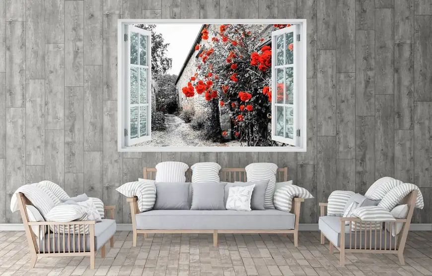 Наклейка на стену, 3d-окно с видом на черно-белый город с красными розами W51 фото