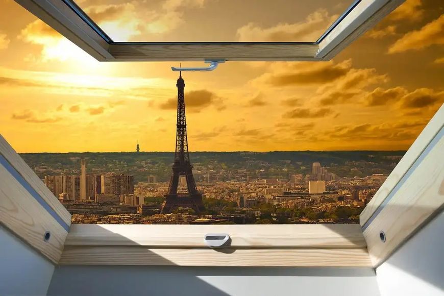 Наклейка на стену, 3Д окно с видом на Париж W01 фото