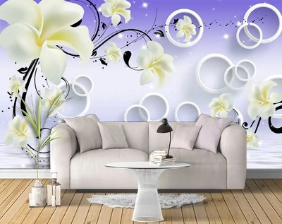 Фотообои Белые цветы и круги 3Д на сиреневом фоне 3D5332 фото
