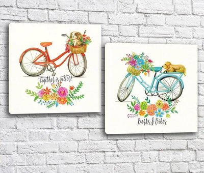 Диптих Винтажные велосипеды в цветах и щенки Ret8132 фото