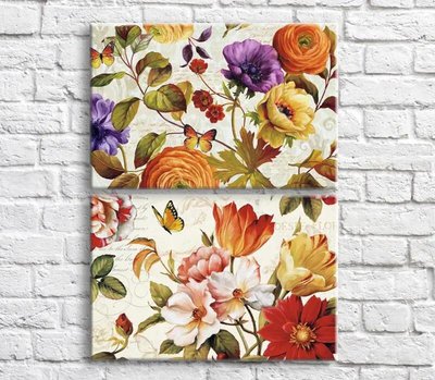 Картина Красочные разноцветные цветы, и бабочки на бежевом фоне, диптих2 TSv10632 фото