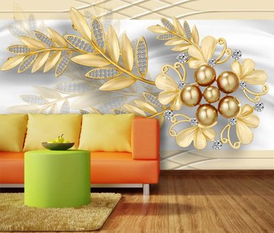 3Д фотообои, жемчужные цветы с золотыми веточками на белом фоне от 320 MDL онлайн в Кишиневе 3D4683 фото
