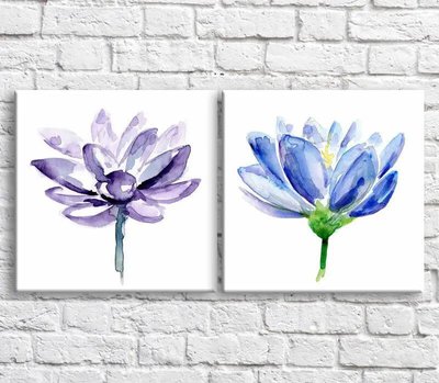 Картина Синие и фиолетовые цветы на белом фоне, краски, диптих TSv10483 фото