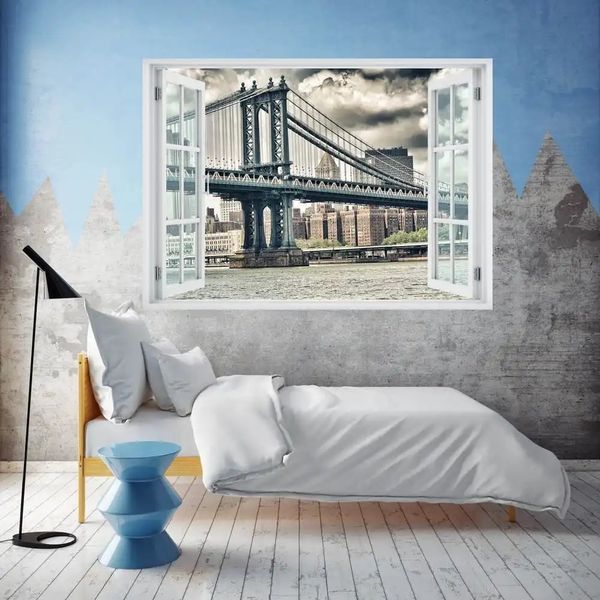 Наклейка на стену, 3D-окно с видом на высокий мост в Лондоне W49 фото