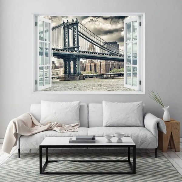 Наклейка на стену, 3D-окно с видом на высокий мост в Лондоне W49 фото