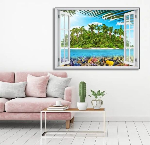 Наклейка на стену, Окно с видом на морской пейзаж W199 фото