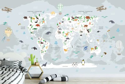 Harta lumii pentru copii cu animale în tonuri de gri Fot484 фото
