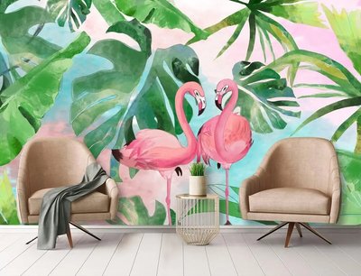 Пара розовых фламинго на фоне зеленых листьев тропических растений Ris1434 фото
