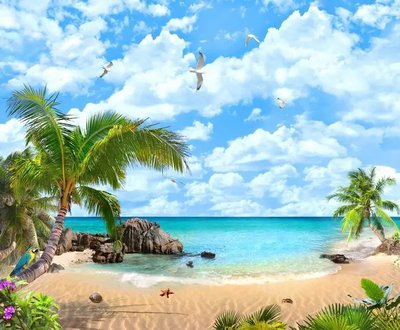 Фреска пляж с пальмами и чайками Fre3884 фото