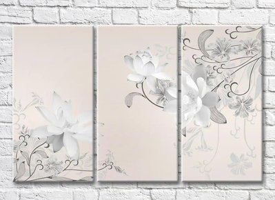 Триптих Бело-серые цветы на бежевом фоне 3D7935 фото