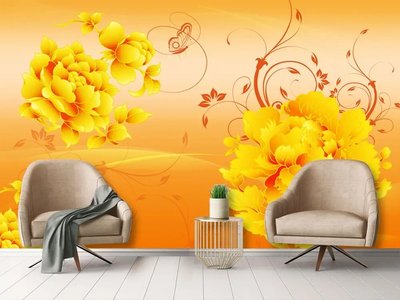 Фотообои 3Д, желтые цветы и бабочки на оранжевом фоне 3D5335 фото