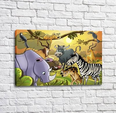 Poster Animale sălbatice în pădure pe fundalul soarelui, grafică Mul16255 фото