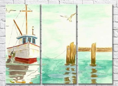 Триптих Рисунок Лодки пришвартованной к пирсу Mor10036 фото