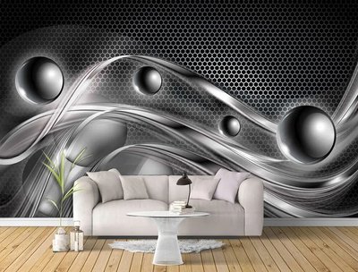 Фотообои Серые ленты и сферы на черном фоне, 3D Абстракции 3D4787 фото