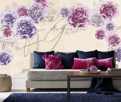 Фотообои Крупные лиловые и сиреневые цветки на бежевом фоне 3D3843 фото
