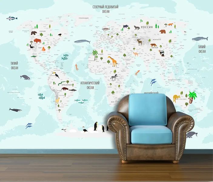 Карта мира детская, на русском, светло голубая Det293 фото