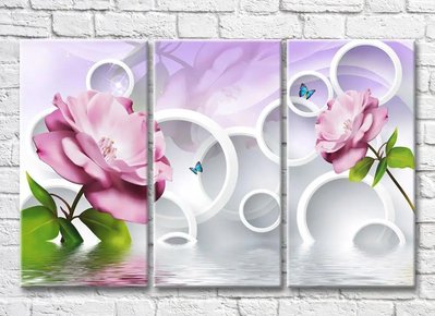Триптих Большие розовые цветы на фоне кругов 3D7945 фото