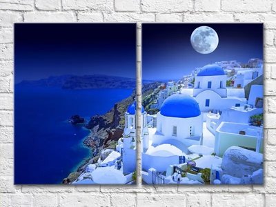 Diptic Grecia, insula de seară Thira sub lună Mor8145 фото