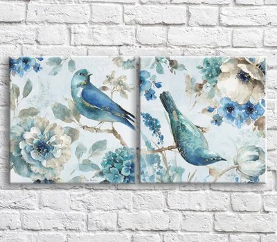 Картина Птицы и голубые цветы на голубом фоне, диптих TSv10445 фото
