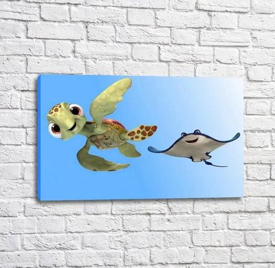 Poster Mică țestoasă și stingray pe un fundal albastru Mul16315 фото
