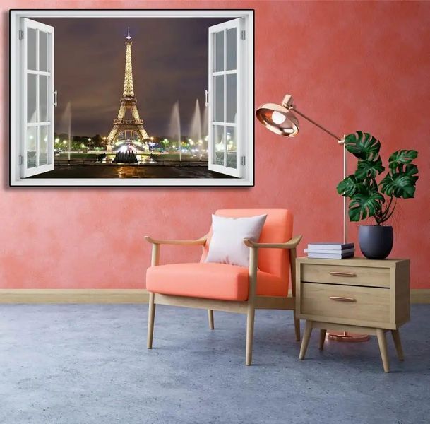 Наклейка на стену, 3D-окно с видом на Парижскую ночь W87 фото