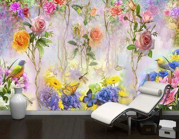 Fototapet - "Abstract floral strălucitor cu păsări și fluturi" TSv296 фото