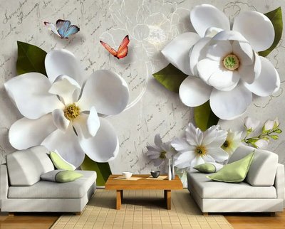 Крупные белые цветы и бабочки на винтажном фоне TSv947 фото