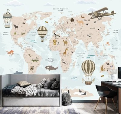 Avioane și baloane pe fundalul hărții lumii cu animale Fot447 фото